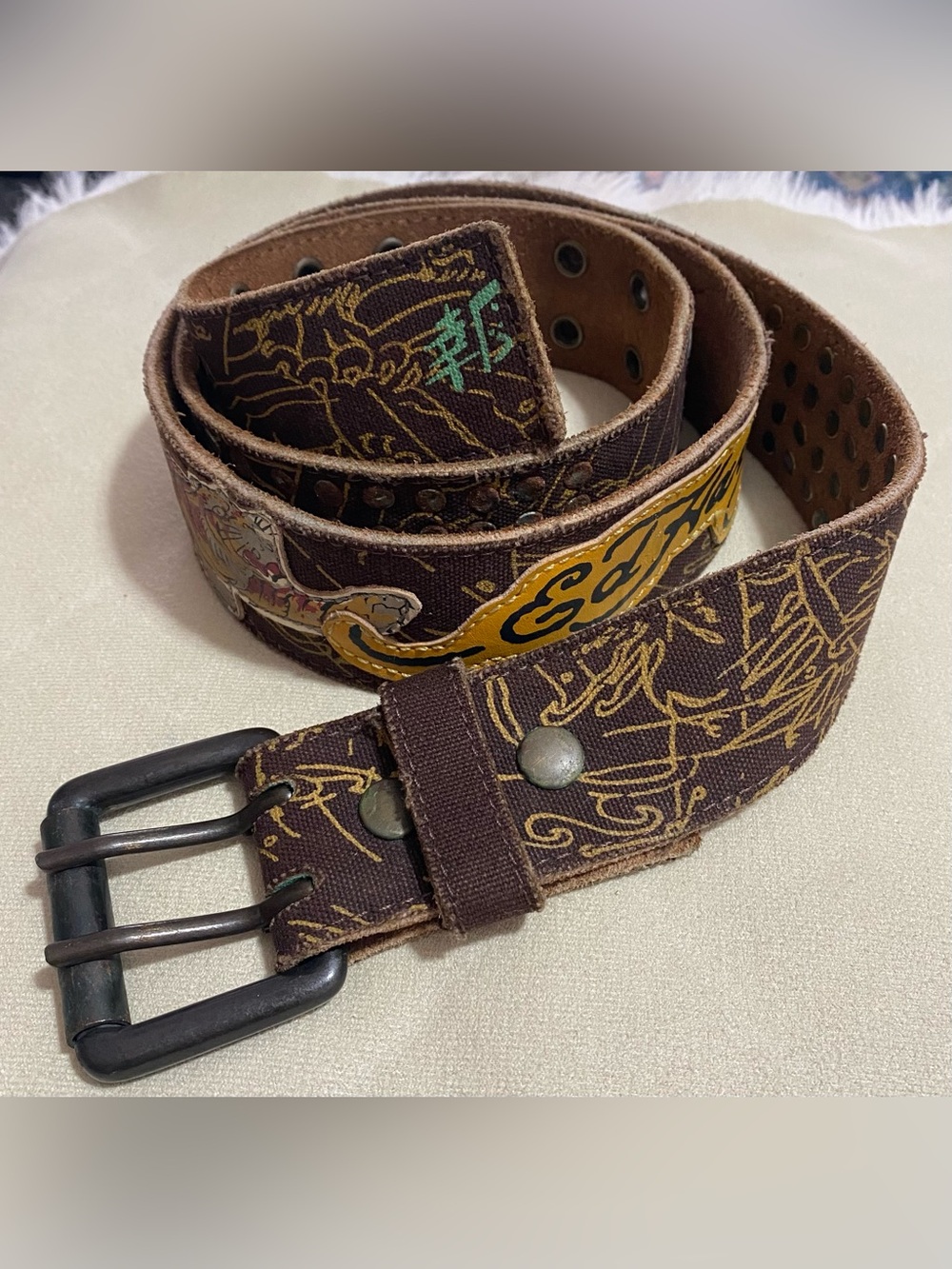 Ed Hardy Brown Genuine  leather Belt with Yellow and Teal Graphic Accents